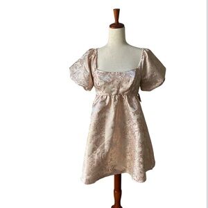 Altar'd State Champagne Brocade Puff-Sleeve Mini Dress